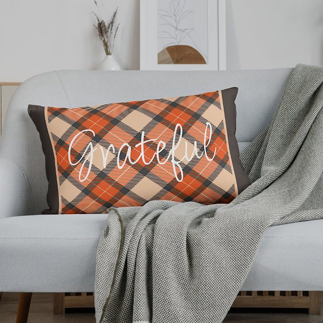 Classic Autumn Pumpkin Orange Brown Tartan Pattern Lumbar Pillow (Creator Uploaded)