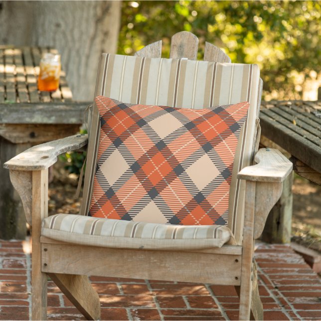 Classic Autumn Pumpkin Orange Brown Tartan Pattern Outdoor Pillow (Chair)