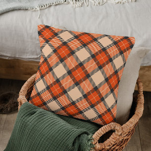 Classic Autumn Pumpkin Orange Brown Tartan Pattern Throw Pillow