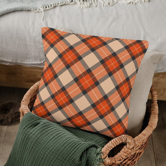 Classic Autumn Pumpkin Orange Brown Tartan Pattern Throw Pillow (Creator Uploaded)