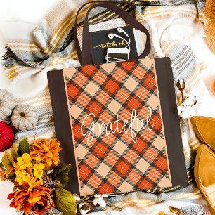 Classic Autumn Pumpkin Orange Brown Tartan Pattern Tote Bag