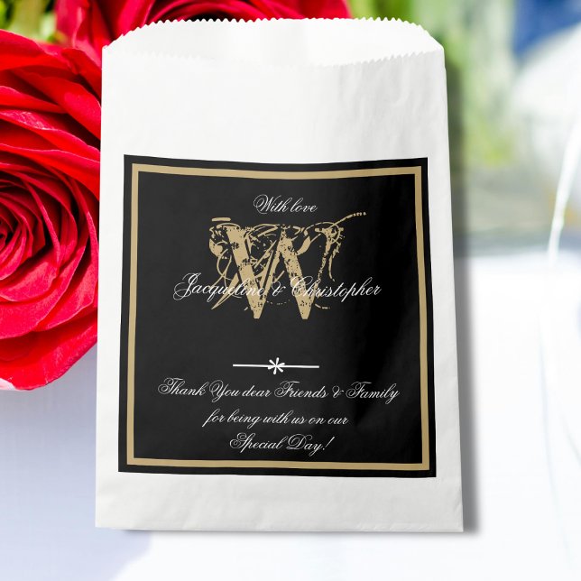 Classic B & W & Gold Monogram + Names Modern Chic Favor Bag (Classic Black, White & Gold Monogram plus Bride and Groom Names - Modern Chic Favor Bag)