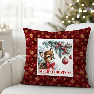 Classic Baby Fawn Snowy Forest Kids Gift Christmas Throw Pillow