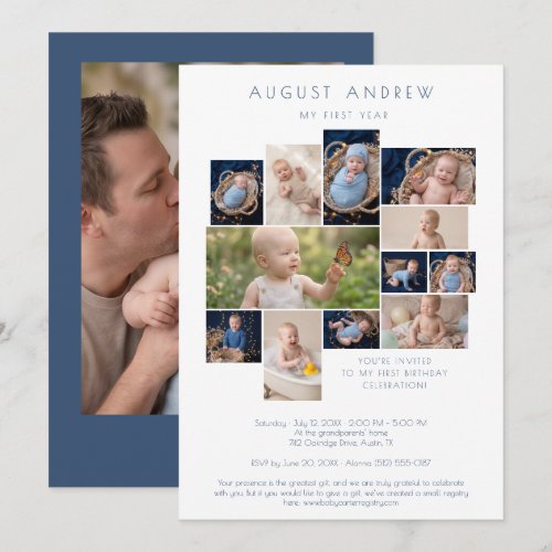Classic Baby First Birthday Blue Collage LPM26 Invitation