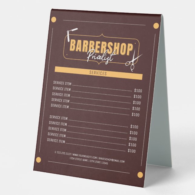Classic Barber Services Menu Barbershop  Table Tent (Front)