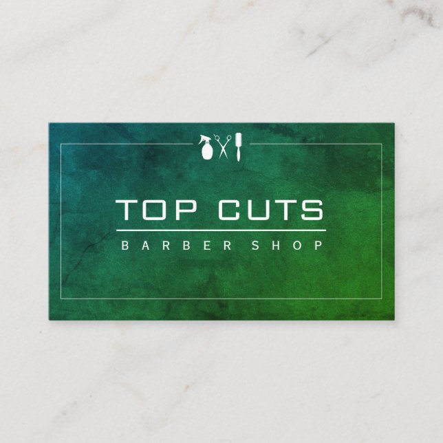Classic Barber Shop Sleek Green Purple Business Card (Front)