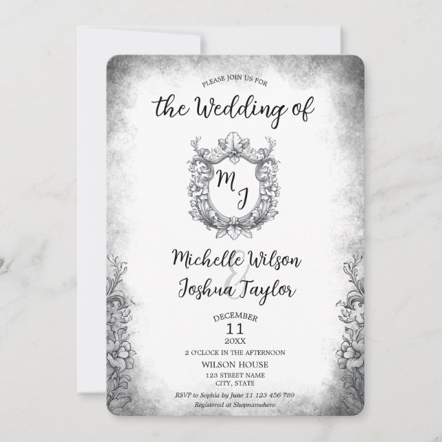 Classic Baroque Botanical Wedding Crest Monogram Invitation (Front)