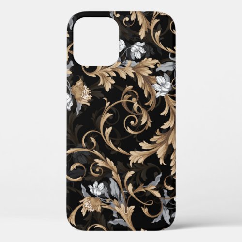 Classic baroque flowers black background iPhone 12 case