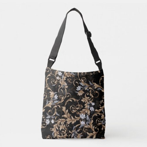 Classic baroque flowers black background crossbody bag