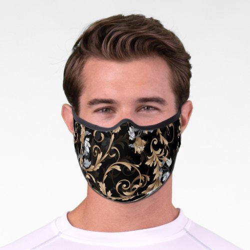 Classic baroque flowers black background premium face mask