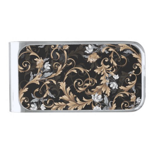 Classic baroque flowers black background silver finish money clip