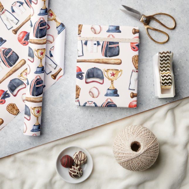 Classic Baseball Gear Watercolor Design Wrap Wrapping Paper (Crafts)