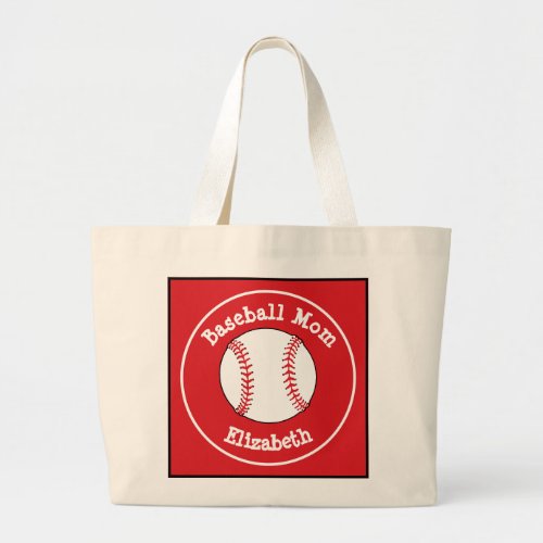 Classic Baseball Mom Red White Personalized  Large Tote Bag