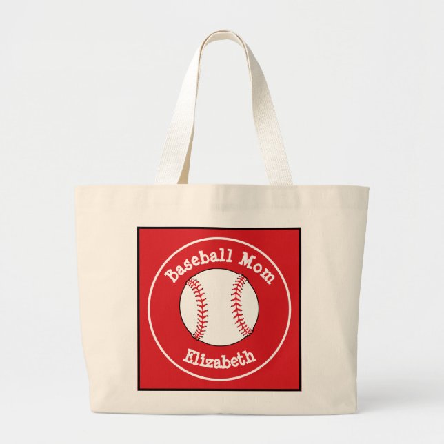 Classic Baseball Mom Red White Personalized  Large Tote Bag (Front)
