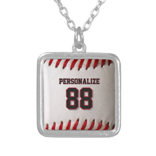 Classic Baseball Stitch Custom Name and Number Silver Plated Necklace