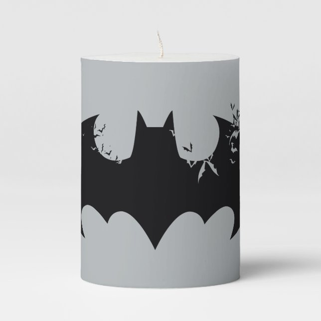 Classic Batman Logo Dissolving Into Bats Pillar Candle (Front)