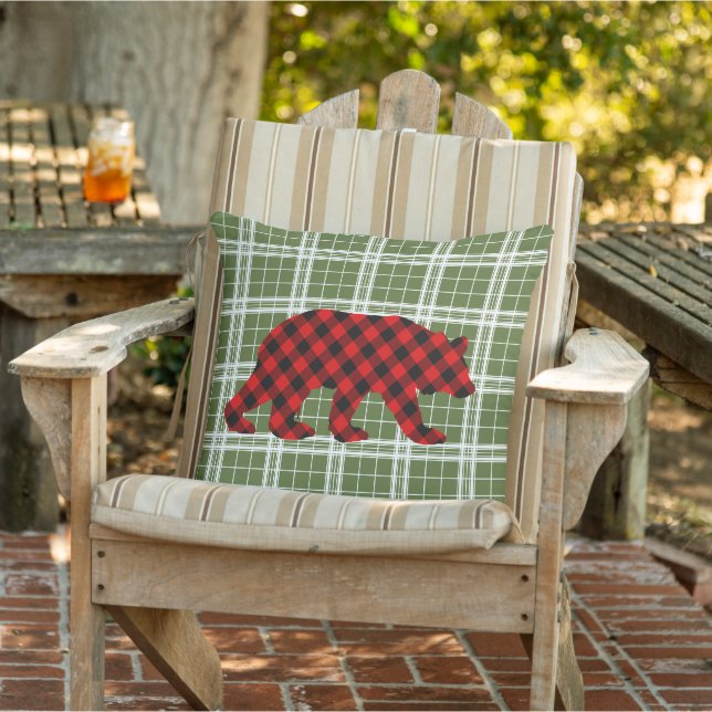 Classic Bear Red Black Buffalo Lumberjack Check Outdoor Pillow (Chair)