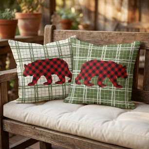 Classic Bear Red Black Buffalo Lumberjack Check Outdoor Pillow
