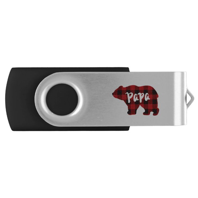 Classic bear silhouette papa bear red black plaid  flash drive (Front)