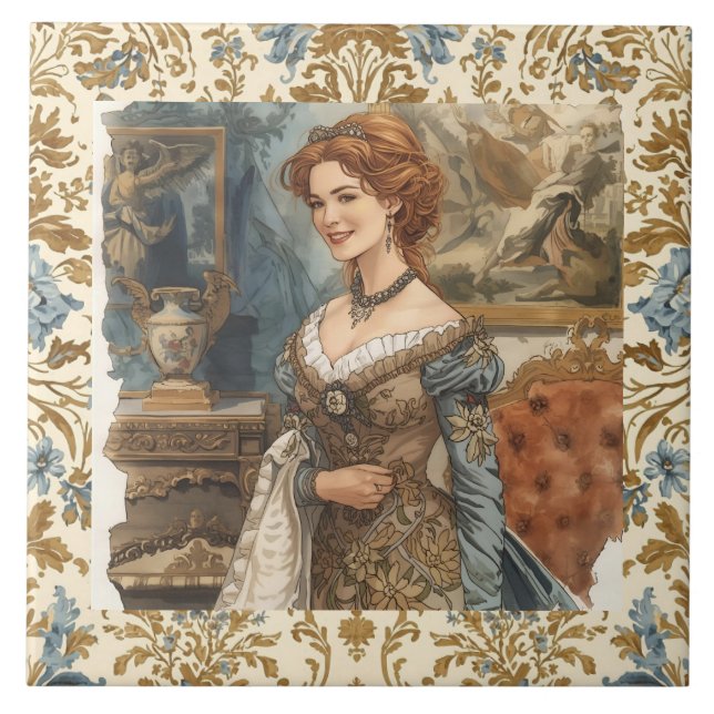 Classic, Beautiful Lady with Floral Elegance Ceramic Tile (Front)