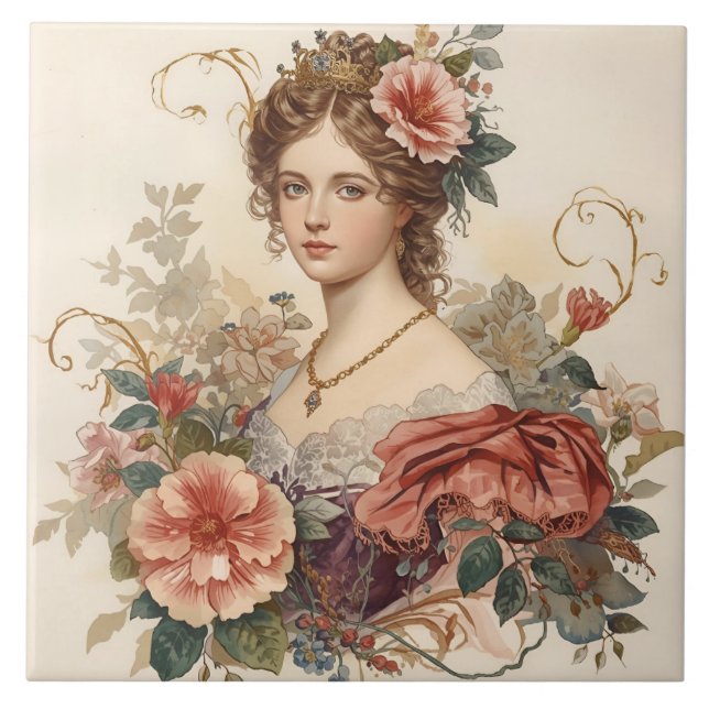 Classic, Beautiful Noblewoman with Roses Ornament Ceramic Tile (Front)