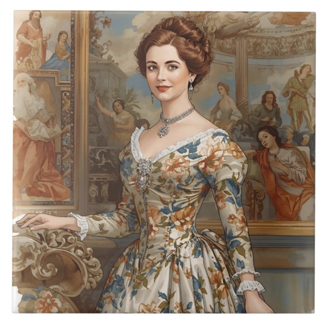 Classic, Beautiful Princess with Floral Accents Ceramic Tile (Front)