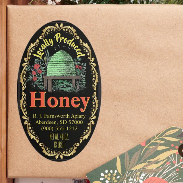 Classic Beehive Local Honey Jar Oval Sticker (Creator Uploaded)