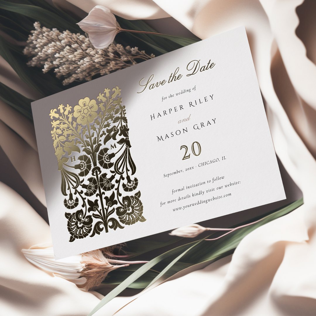 Classic Beige and Ivory Floral Save the Date Foil                    Invitation