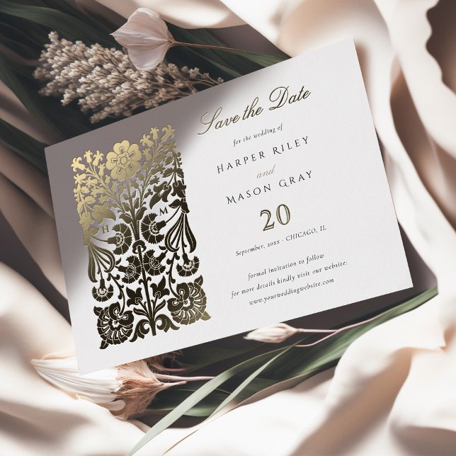 Classic Beige and Ivory Floral Save the Date Foil Invitation (Creator Uploaded)