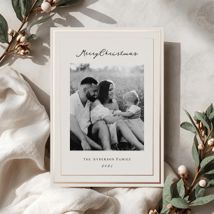 Classic Beige and Rose Gold Frame Family Photo Foil Holiday Card