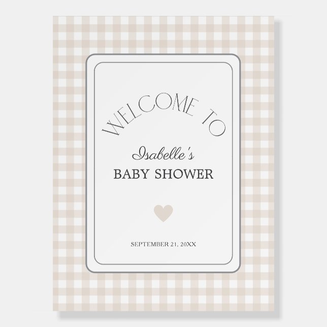 Classic Beige Gingham Baby Shower Welcome Sign (Front)