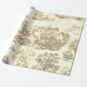 Classic Beige Gold Vintage French Country Toile Wrapping Paper