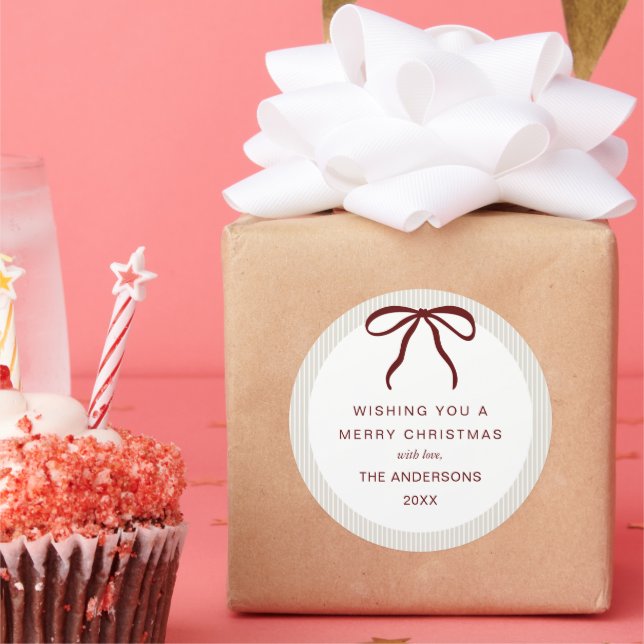 Classic Beige  Stripes Red Bow Merry Christmas Classic Round Sticker (Party)