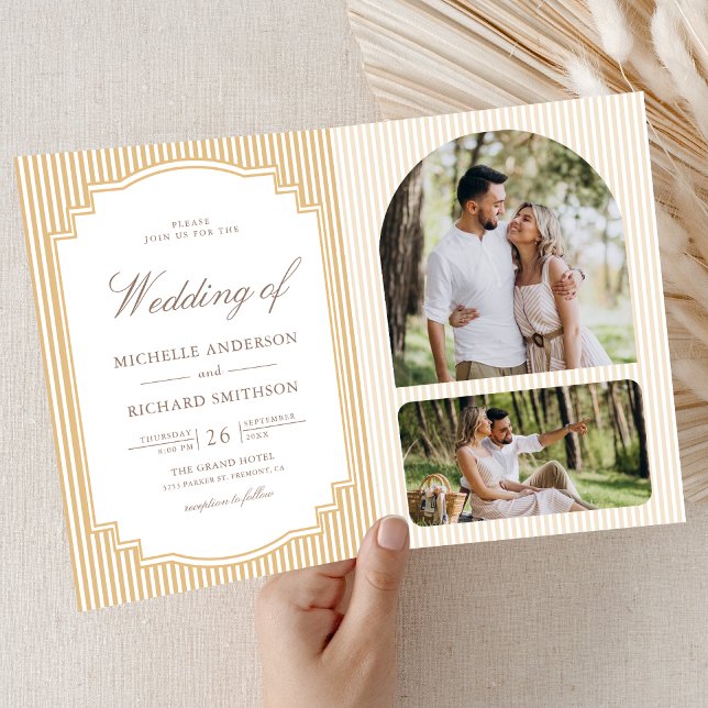 Classic Beige Tan Striped Photo QR Code Wedding Invitation (Creator Uploaded)
