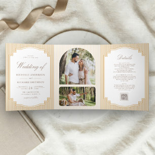Classic Beige Tan Striped Photo QR Code Wedding Tri-Fold Invitation