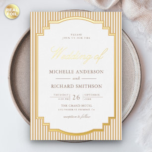 Classic Beige Tan Striped Photo Wedding Gold Foil Invitation