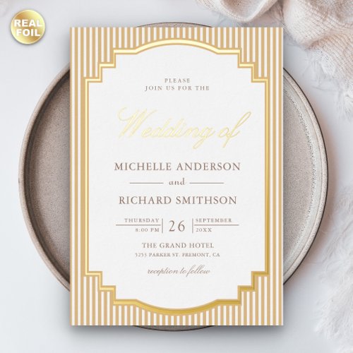 Classic Beige Tan Striped Photo Wedding Gold Foil Invitation