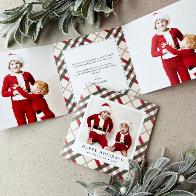 Classic Beige Tartan Plaid Christmas Tri-Fold Holiday Card (Creator Uploaded)