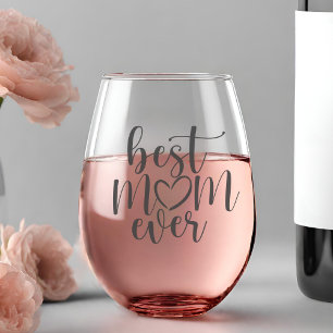 Classic Best Mom Ever Brush Script With Heart Stemless Wine Glass