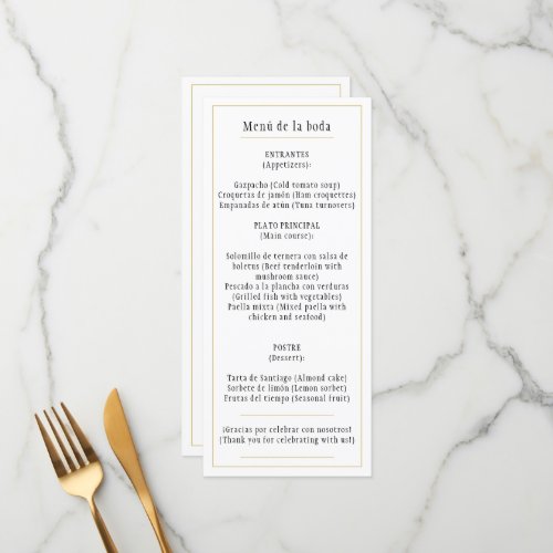 Classic Bilingual White Gold Menu Spanish and Engl