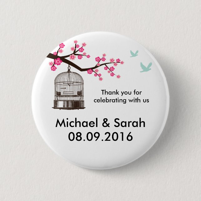 Classic Bird Cage and Pink Flower Thank You Button (Front)
