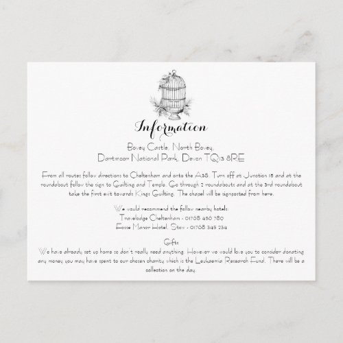 Classic Birdcage Wedding Information Card