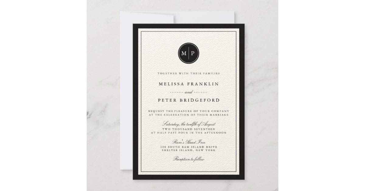 Classic Black and Ecru Monogram Wedding Invitation | Zazzle