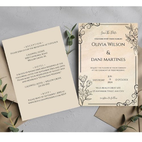 Classic Black and Ecru Monogram Wedding Invitation