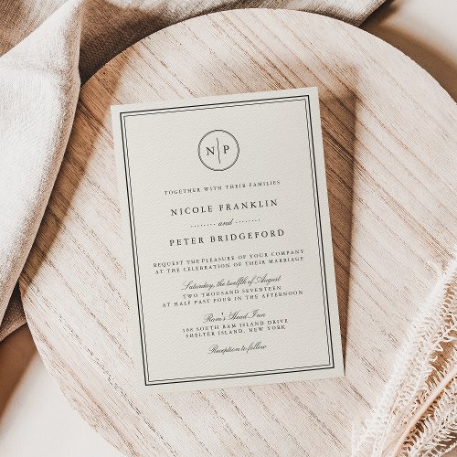 Classic Black and Ecru Monogram Wedding Invitation