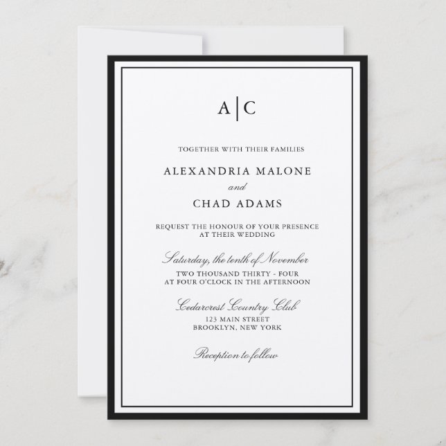 Classic Black and Ecru Monogram Wedding Invitation (Front)