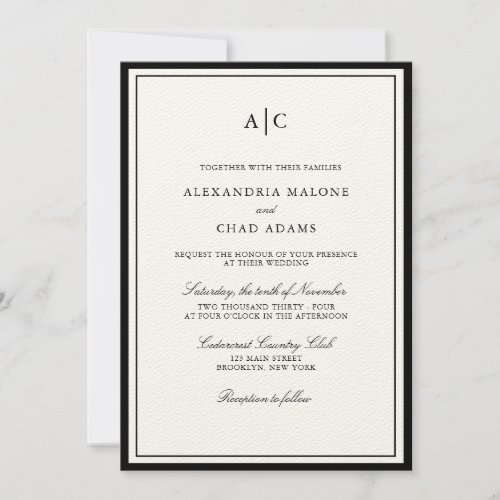 Classic Black and Ecru Monogram Wedding Invitation
