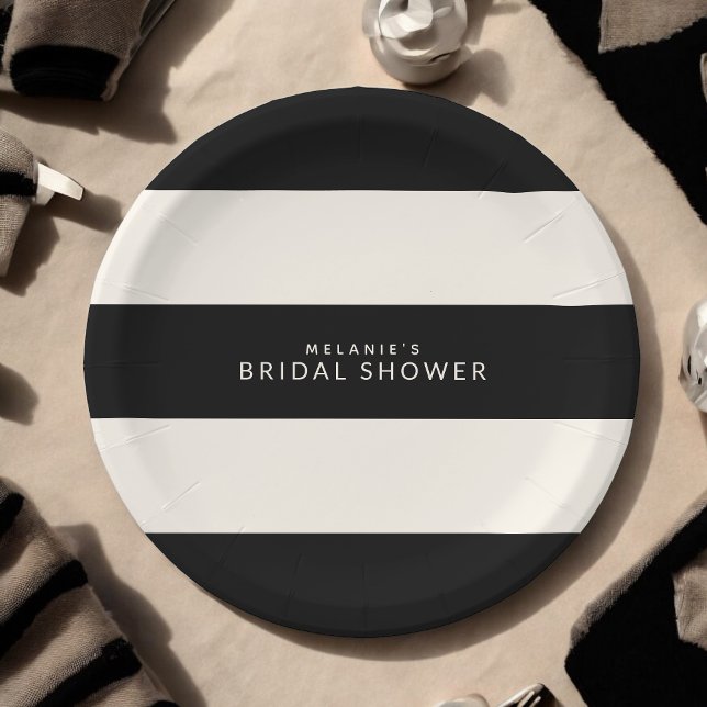 Classic Black and Ecru Stripes Bridal Shower Paper Plates (Creator Uploaded)
