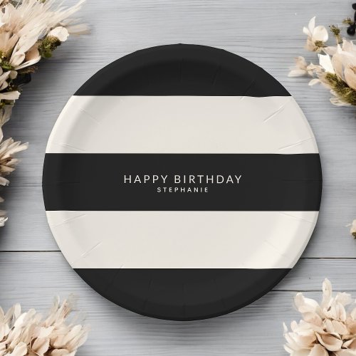 Classic Black and Eggshell White Stripes Birthday Paper Plates