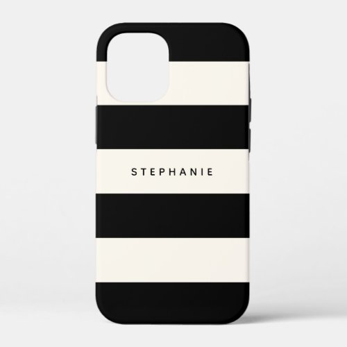 Classic Black and Eggshell White Stripes with Name iPhone 12 Mini Case